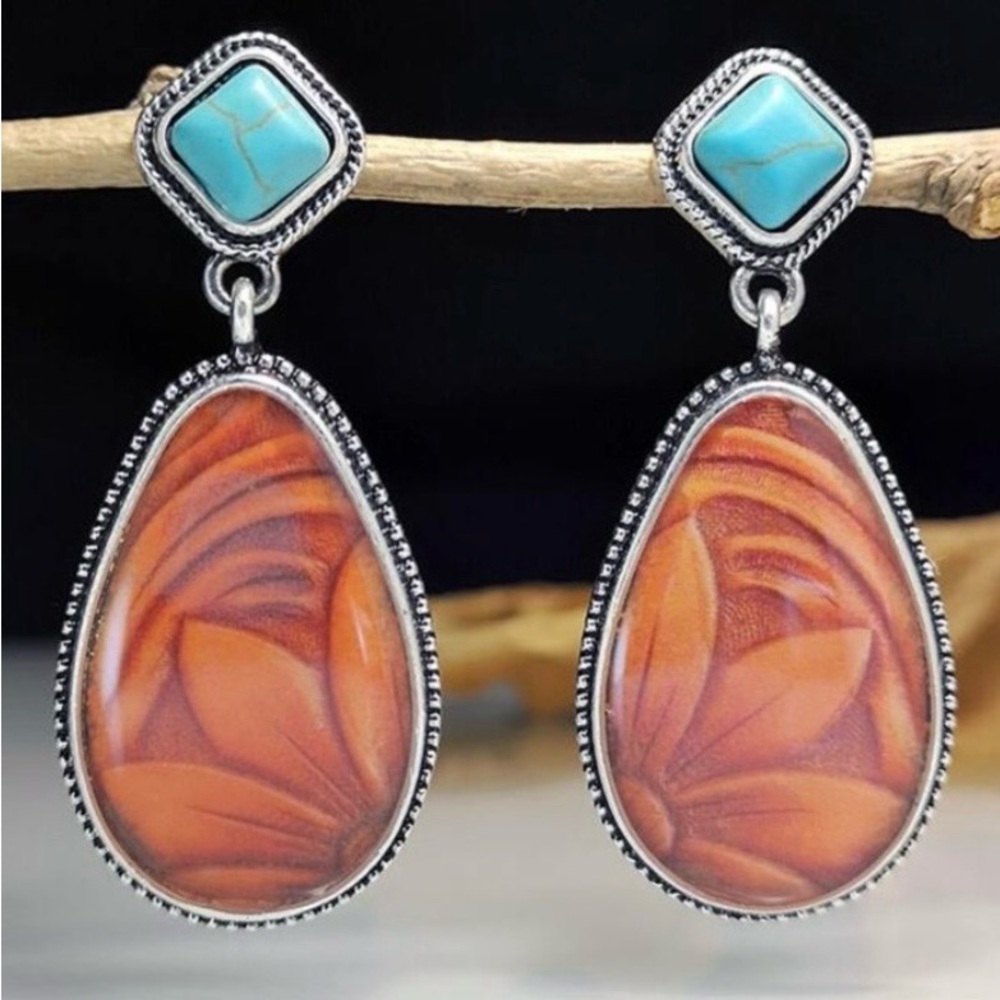Silver and Orange Teardrop Earrings